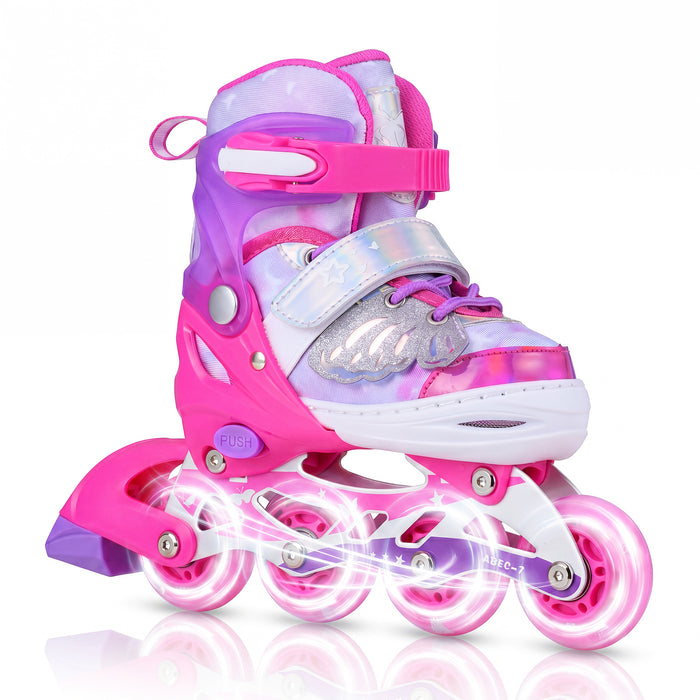 Kids Inline Skates Adjustable length and Illuminating Beginner Skating Shoes with Safety Strap-