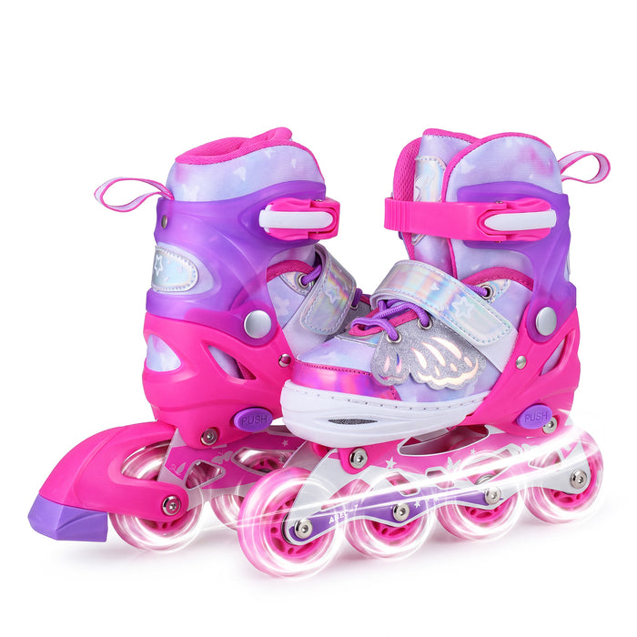 Kids Inline Skates Adjustable length and Illuminating Beginner Skating Shoes with Safety Strap-