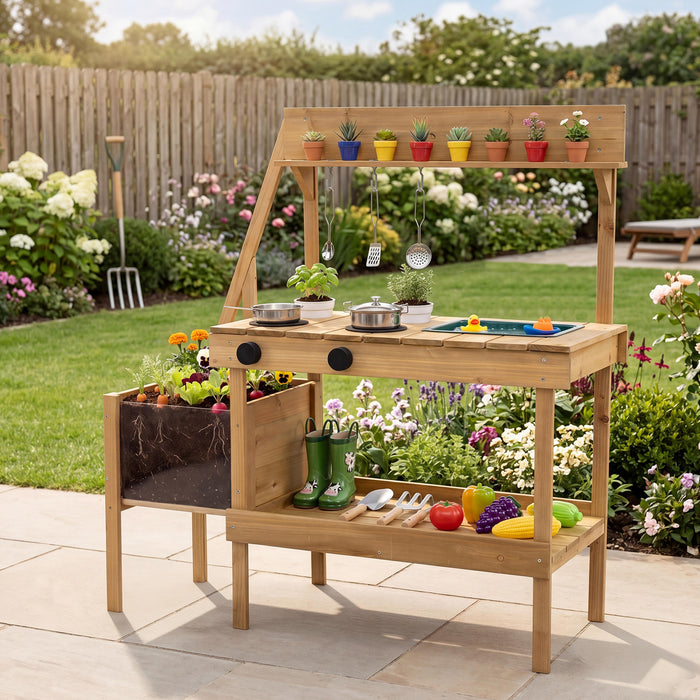Kids Mud Kitchen with Planter Box and 8 Accessories for Toddlers Aged 3+-