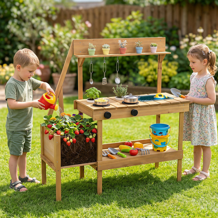 Kids Mud Kitchen with Planter Box and 8 Accessories for Toddlers Aged 3+-