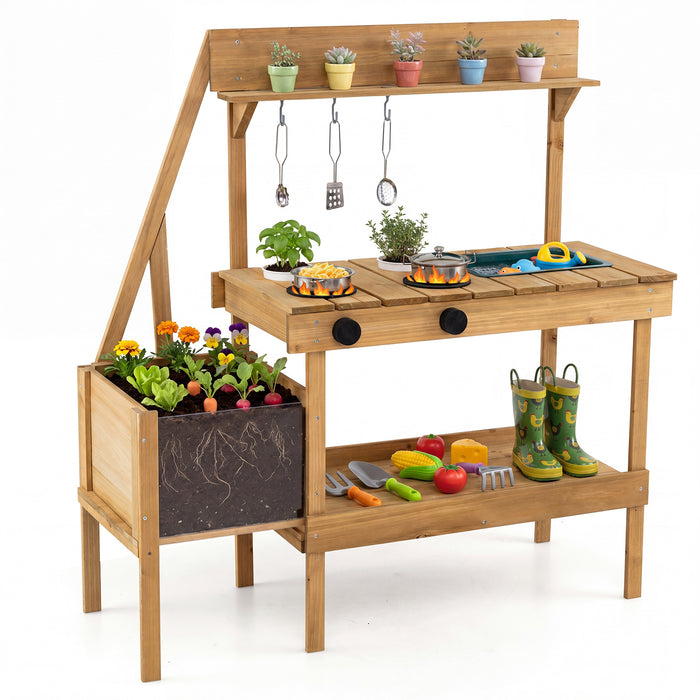 Kids Mud Kitchen with Planter Box and 8 Accessories for Toddlers Aged 3+-