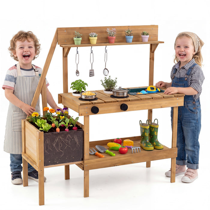 Kids Mud Kitchen with Planter Box and 8 Accessories for Toddlers Aged 3+-