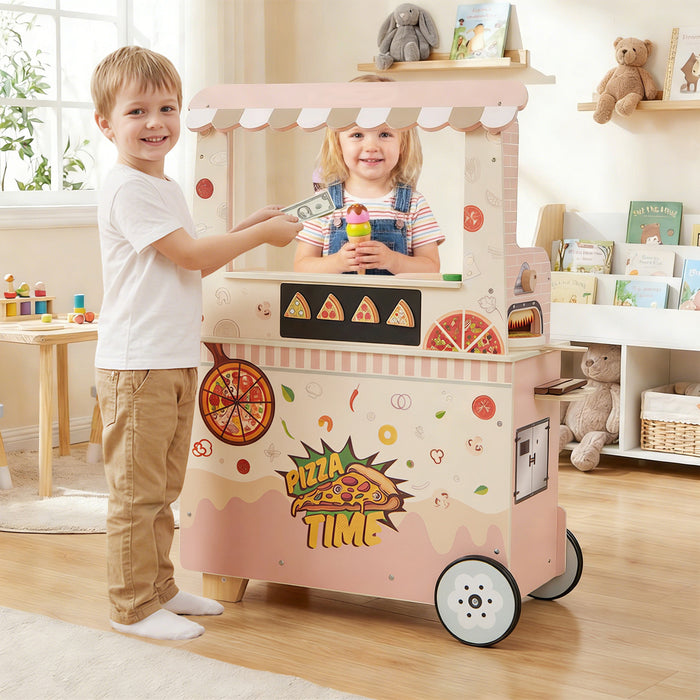 Kids Pizza Food Truck Wooden Pretend Play Snack Cart with Oven-