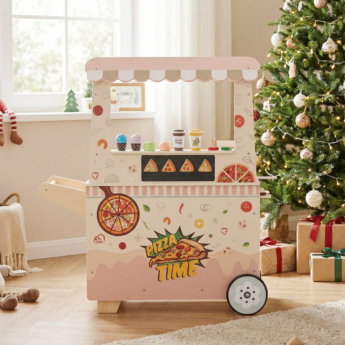 Kids Pizza Food Truck Wooden Pretend Play Snack Cart with Oven-