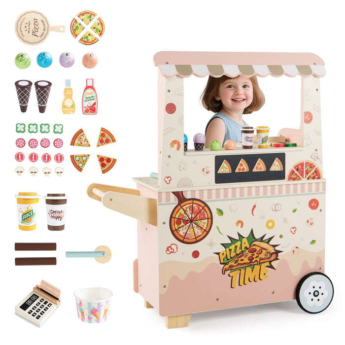 Kids Pizza Food Truck Wooden Pretend Play Snack Cart with Oven-