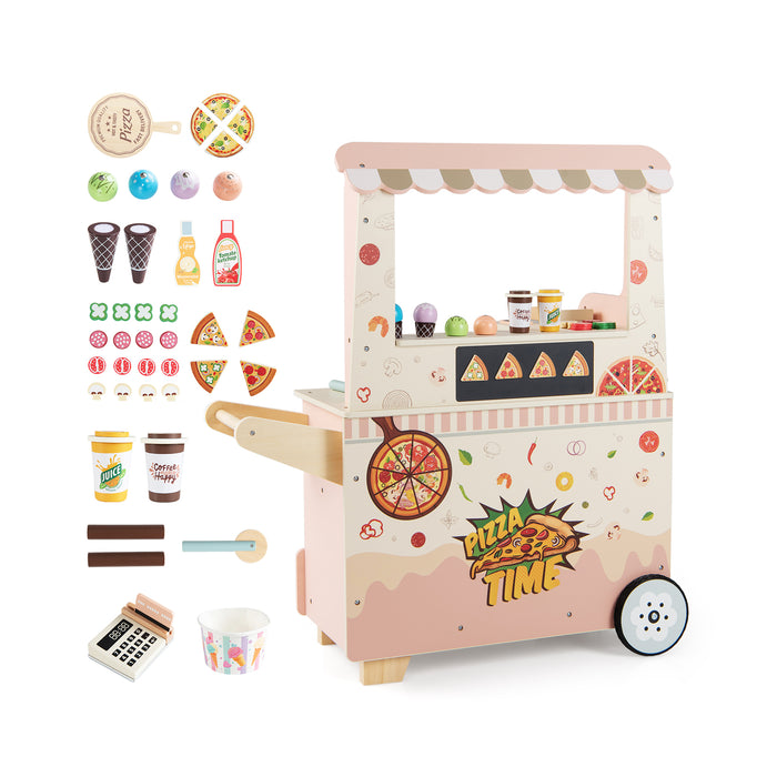 Kids Pizza Food Truck Wooden Pretend Play Snack Cart with Oven-