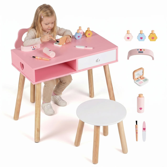Kids Pretend Nail Salon Playset with Chair and Stool Wooden Toddlers Makeup and Manicure Kit-