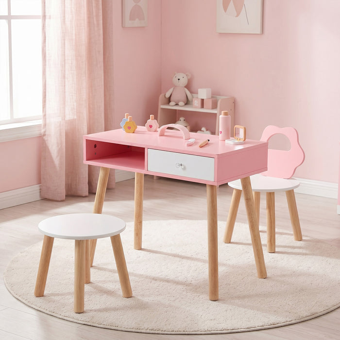 Kids Pretend Nail Salon Playset with Chair and Stool Wooden Toddlers Makeup and Manicure Kit-