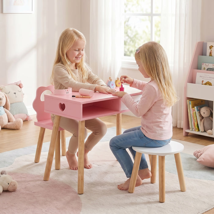Kids Pretend Nail Salon Playset with Chair and Stool Wooden Toddlers Makeup and Manicure Kit-