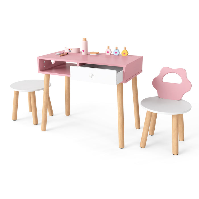 Kids Pretend Nail Salon Playset with Chair and Stool Wooden Toddlers Makeup and Manicure Kit-