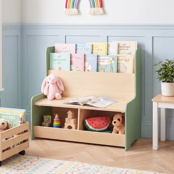 Kids Reading Nook with Bench Toddler Toy Storage Organizer with Bookshelf and 2 Cubbies-