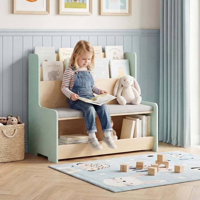Kids Reading Nook with Bench Toddler Toy Storage Organizer with Bookshelf and 2 Cubbies-