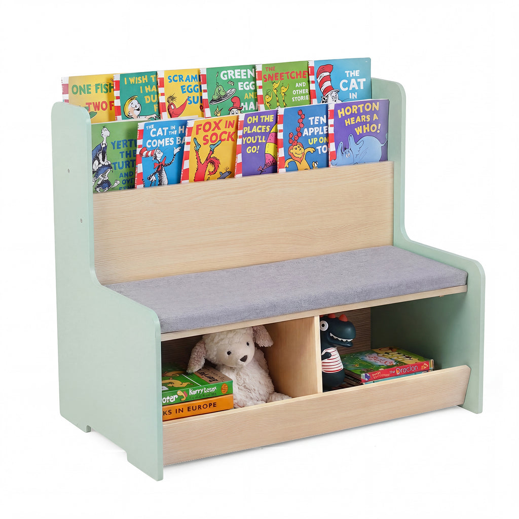 Kids Reading Nook with Bench Toddler Toy Storage Organizer with Bookshelf and 2 Cubbies-