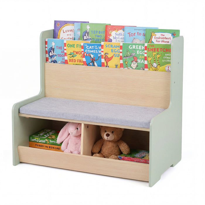 Kids Reading Nook with Bench Toddler Toy Storage Organizer with Bookshelf and 2 Cubbies-