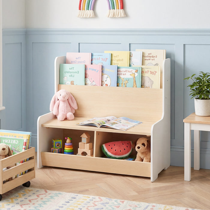 Kids Reading Nook with Bench Toddler Toy Storage Organizer with Bookshelf and 2 Cubbies-