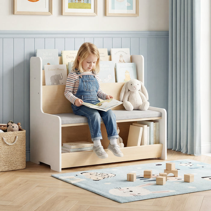 Kids Reading Nook with Bench Toddler Toy Storage Organizer with Bookshelf and 2 Cubbies-