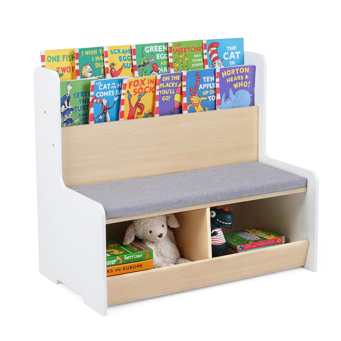 Kids Reading Nook with Bench Toddler Toy Storage Organizer with Bookshelf and 2 Cubbies-