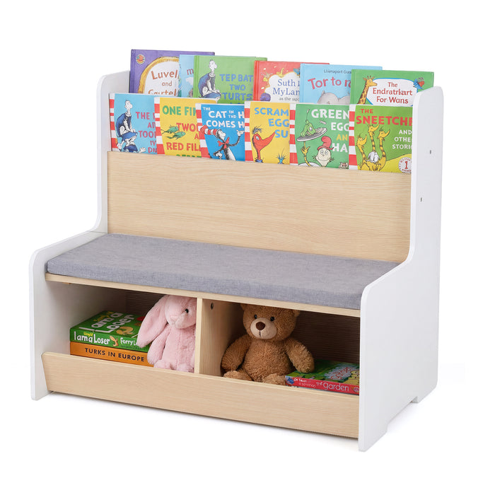 Kids Reading Nook with Bench Toddler Toy Storage Organizer with Bookshelf and 2 Cubbies-
