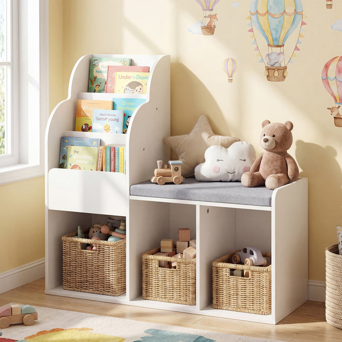 Kids Reading Nook with Bench Wooden Toddler Bookcase with 3 Storage Cubbies-