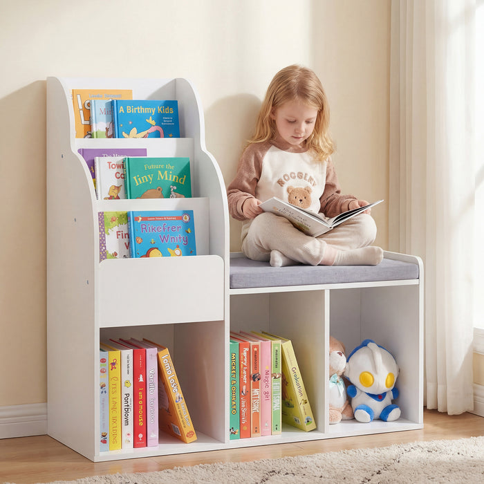 Kids Reading Nook with Bench Wooden Toddler Bookcase with 3 Storage Cubbies-
