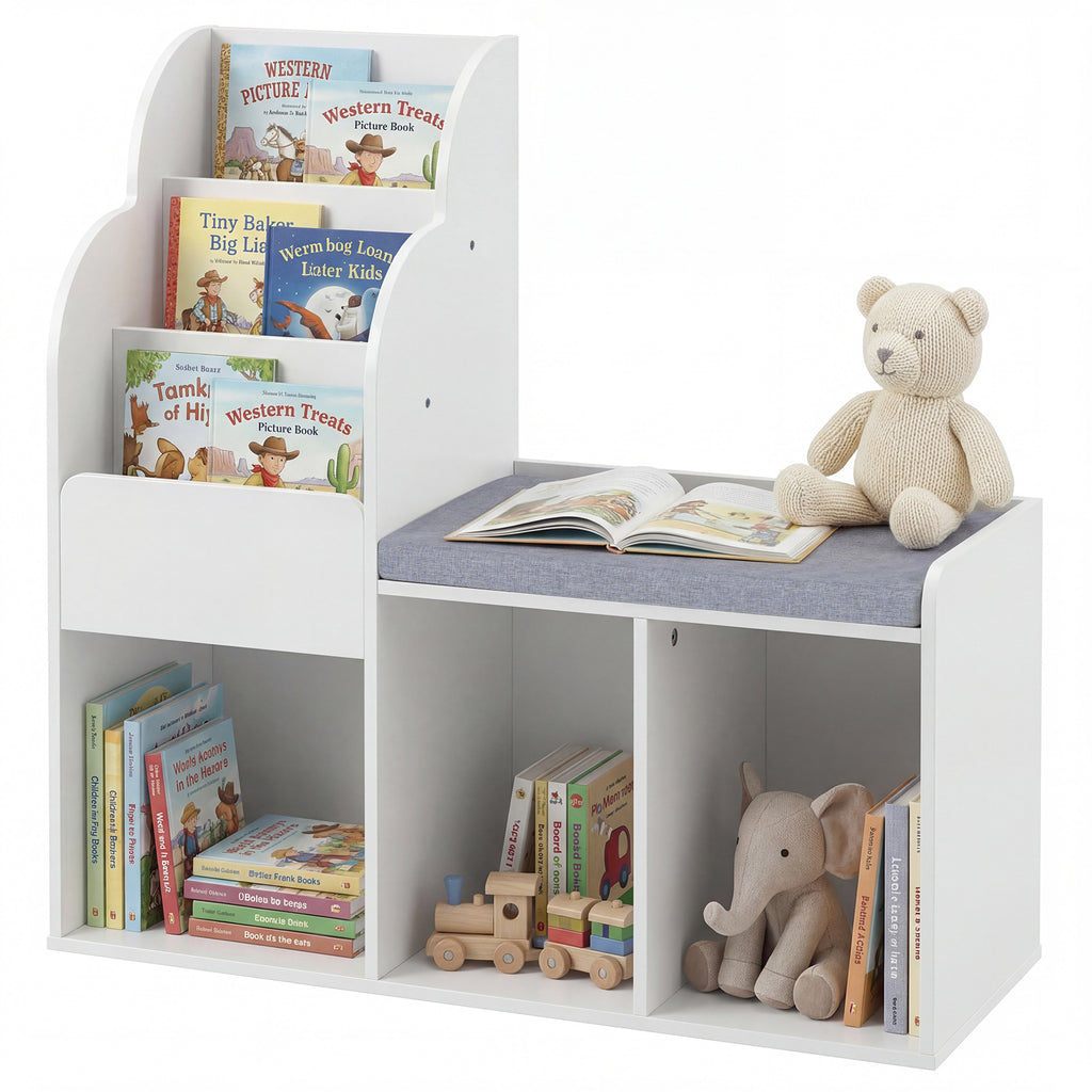 Kids Reading Nook with Bench Wooden Toddler Bookcase with 3 Storage Cubbies-