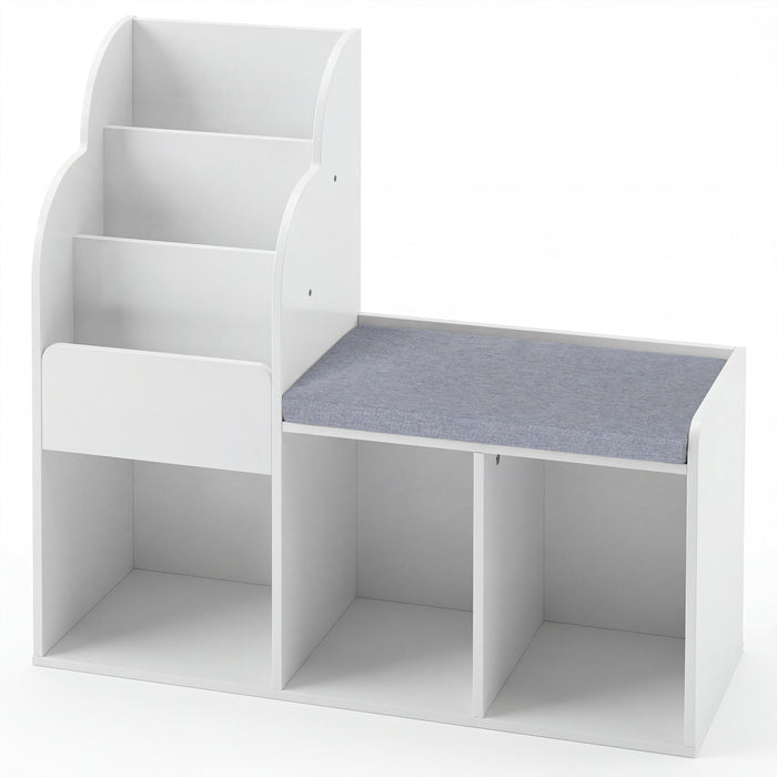Kids Reading Nook with Bench Wooden Toddler Bookcase with 3 Storage Cubbies-