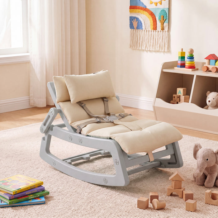 Kids Rocking Chair with Adjustable Backrest and Safety Harness for 6+ Months-Grey