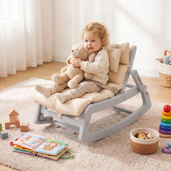 Kids Rocking Chair with Adjustable Backrest and Safety Harness for 6+ Months-Grey