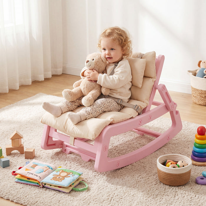 Kids Rocking Chair with Adjustable Backrest and Safety Harness for 6+ Months-Grey