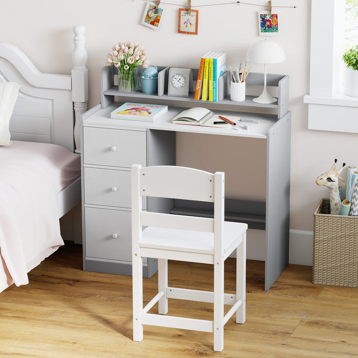 Kids Study Desk and Chair Set Wooden Children Writing Desk with Hutch-