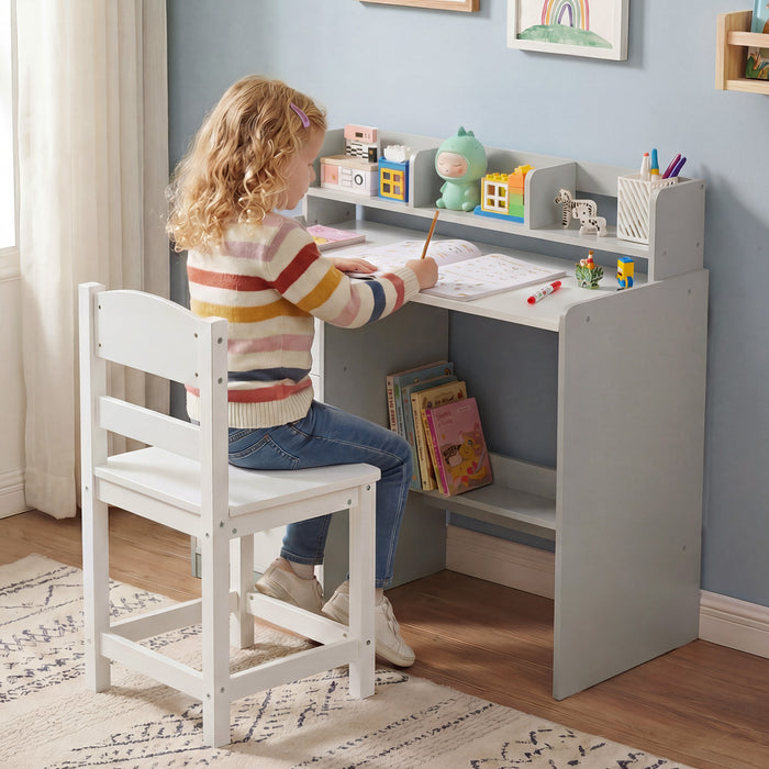 Kids Study Desk and Chair Set Wooden Children Writing Desk with Hutch-
