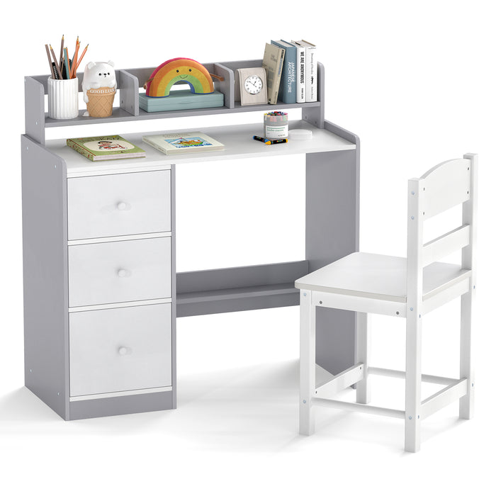 Kids Study Desk and Chair Set Wooden Children Writing Desk with Hutch-