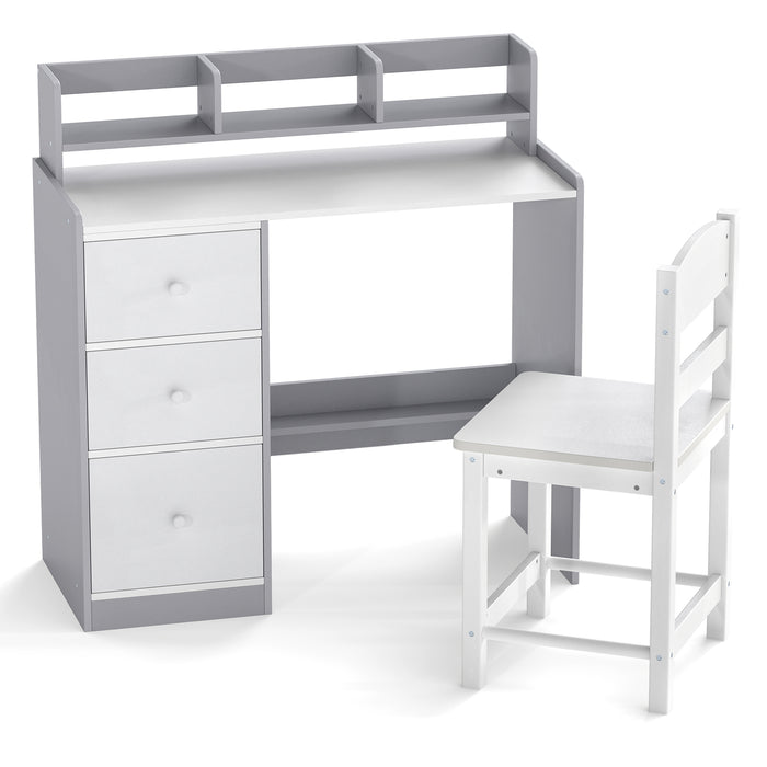 Kids Study Desk and Chair Set Wooden Children Writing Desk with Hutch-