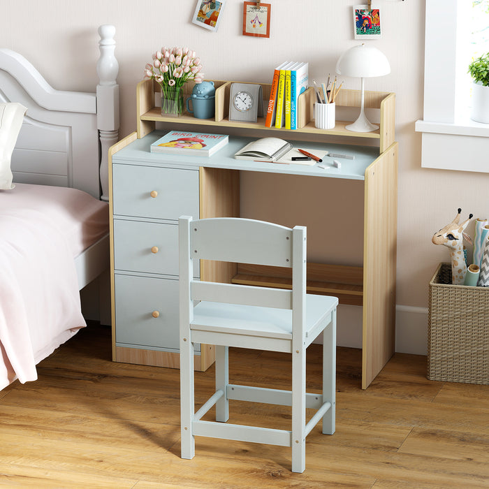 Kids Study Desk and Chair Set Wooden Children Writing Desk with Hutch-