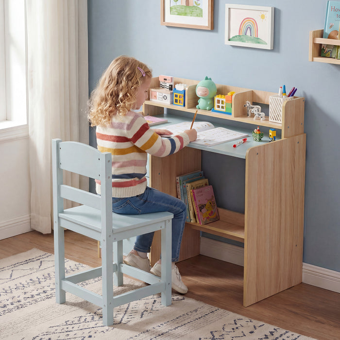 Kids Study Desk and Chair Set Wooden Children Writing Desk with Hutch-