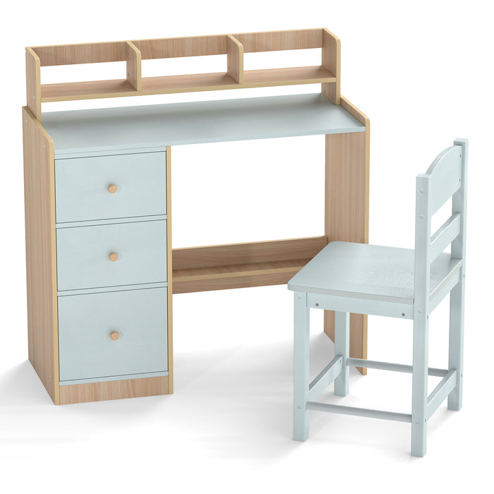 Kids Study Desk and Chair Set Wooden Children Writing Desk with Hutch-