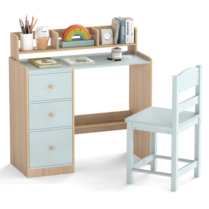 Kids Study Desk and Chair Set Wooden Children Writing Desk with Hutch-