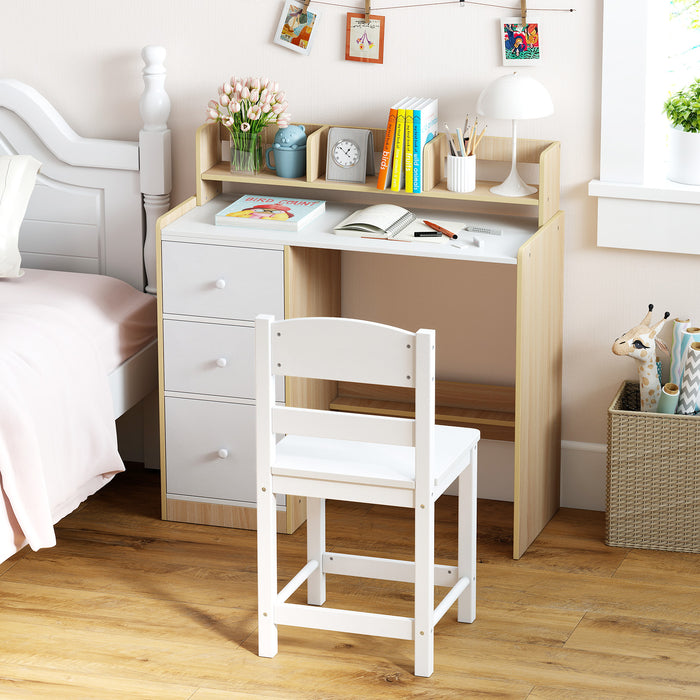 Kids Study Desk and Chair Set Wooden Children Writing Desk with Hutch-