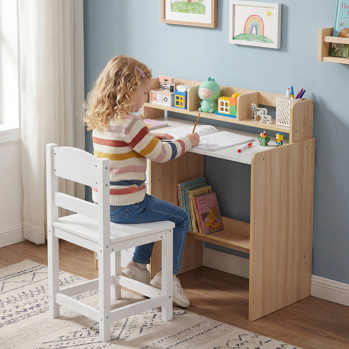 Kids Study Desk and Chair Set Wooden Children Writing Desk with Hutch-