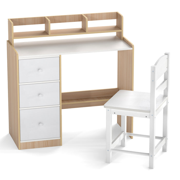 Kids Study Desk and Chair Set Wooden Children Writing Desk with Hutch-