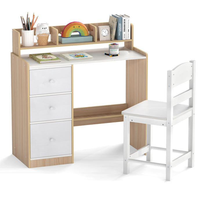 Kids Study Desk and Chair Set Wooden Children Writing Desk with Hutch-