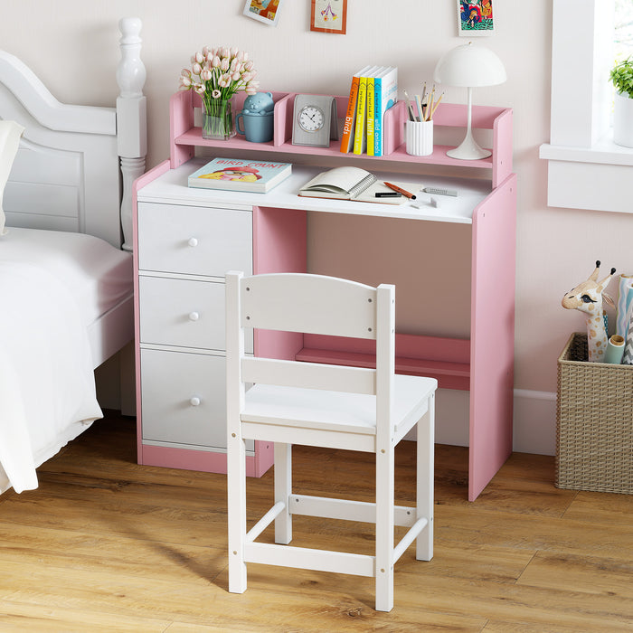 Kids Study Desk and Chair Set Wooden Children Writing Desk with Hutch-
