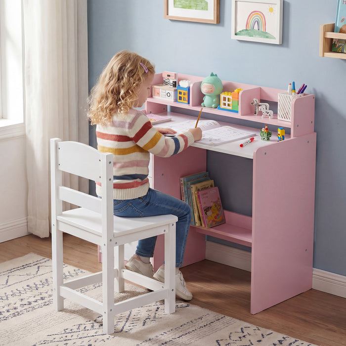 Kids Study Desk and Chair Set Wooden Children Writing Desk with Hutch-