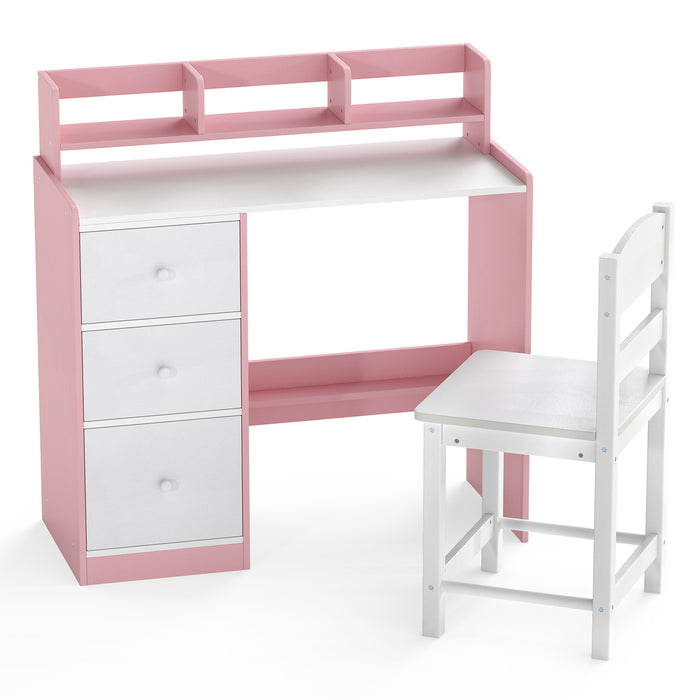 Kids Study Desk and Chair Set Wooden Children Writing Desk with Hutch-