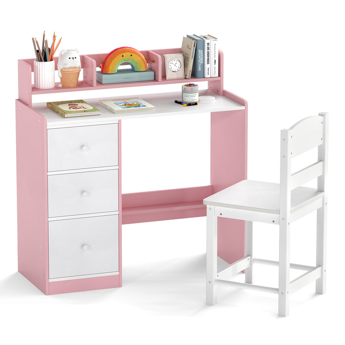 Kids Study Desk and Chair Set Wooden Children Writing Desk with Hutch-