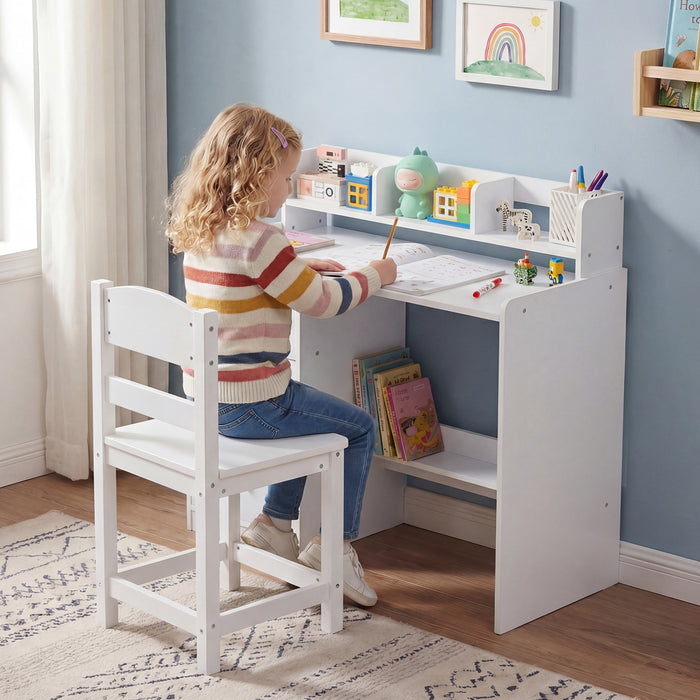 Kids Study Desk and Chair Set Wooden Children Writing Desk with Hutch-