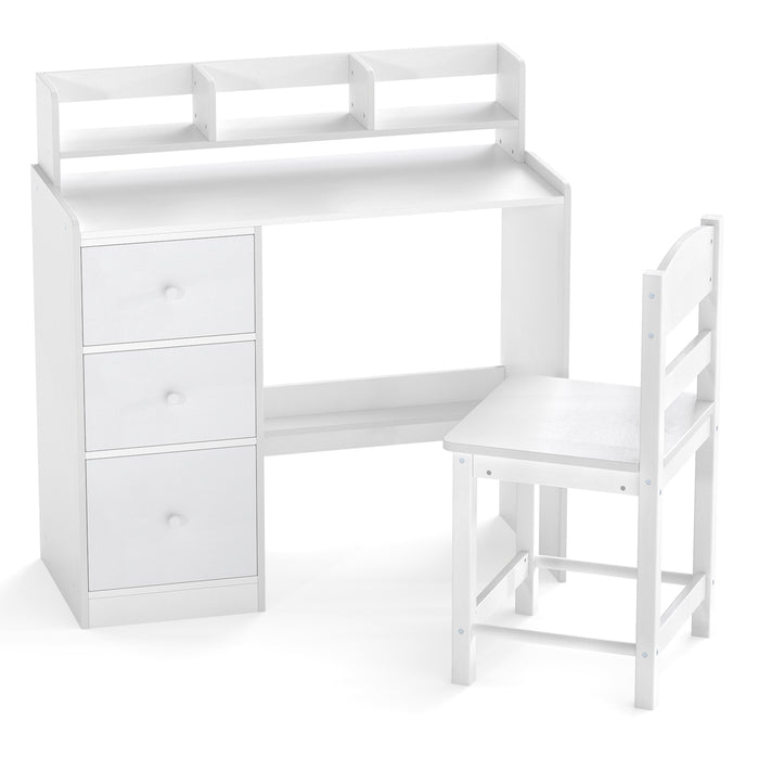 Kids Study Desk and Chair Set Wooden Children Writing Desk with Hutch-