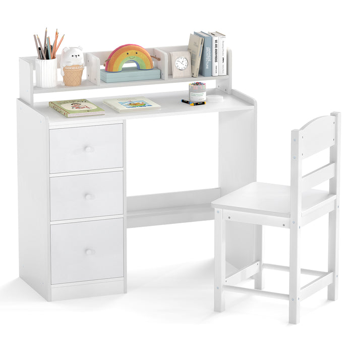 Kids Study Desk and Chair Set Wooden Children Writing Desk with Hutch-