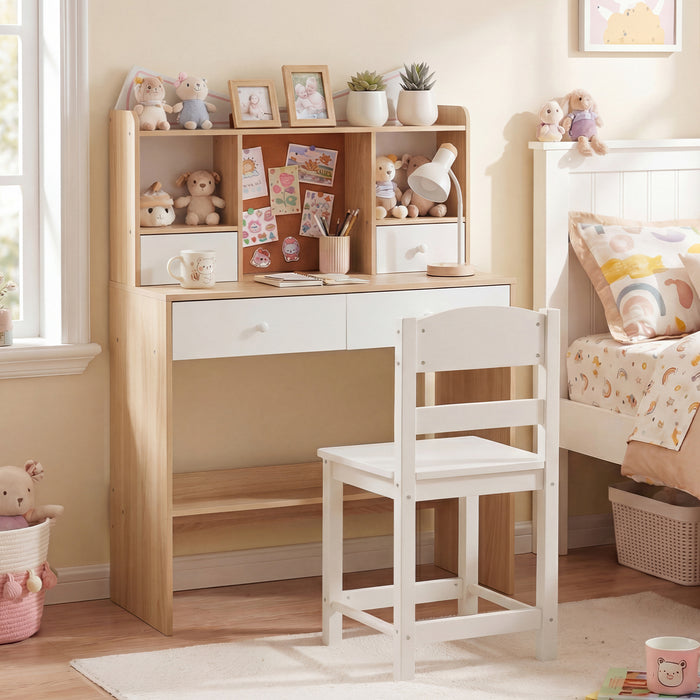 Kids Study Desk and Chair Set with Open Shelves and Cork Bulletin Board-