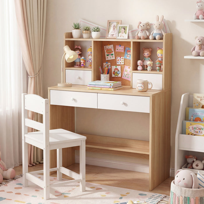 Kids Study Desk and Chair Set with Open Shelves and Cork Bulletin Board-